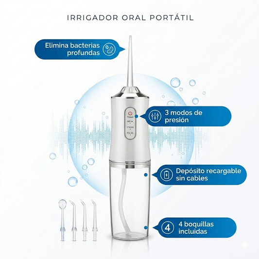 Irrigador Dental Portátil DentalFlow — Infografía de beneficios: elimina bacterias, 3 modos de presión, depósito recargable, 4 boquillas