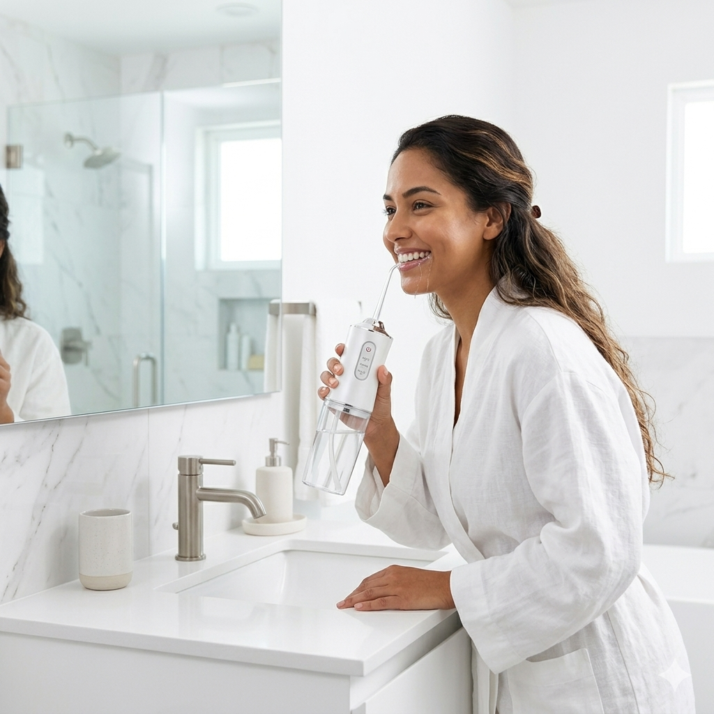 Mujer usando el Irrigador Dental Portátil DentalFlow en baño moderno